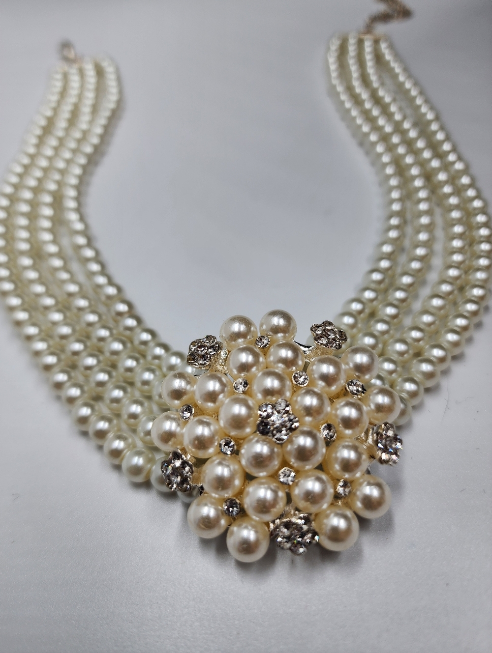 Gorgeous Multistrand Faux Pearl Choker with Rhinestone focal point  14" 6" Exten